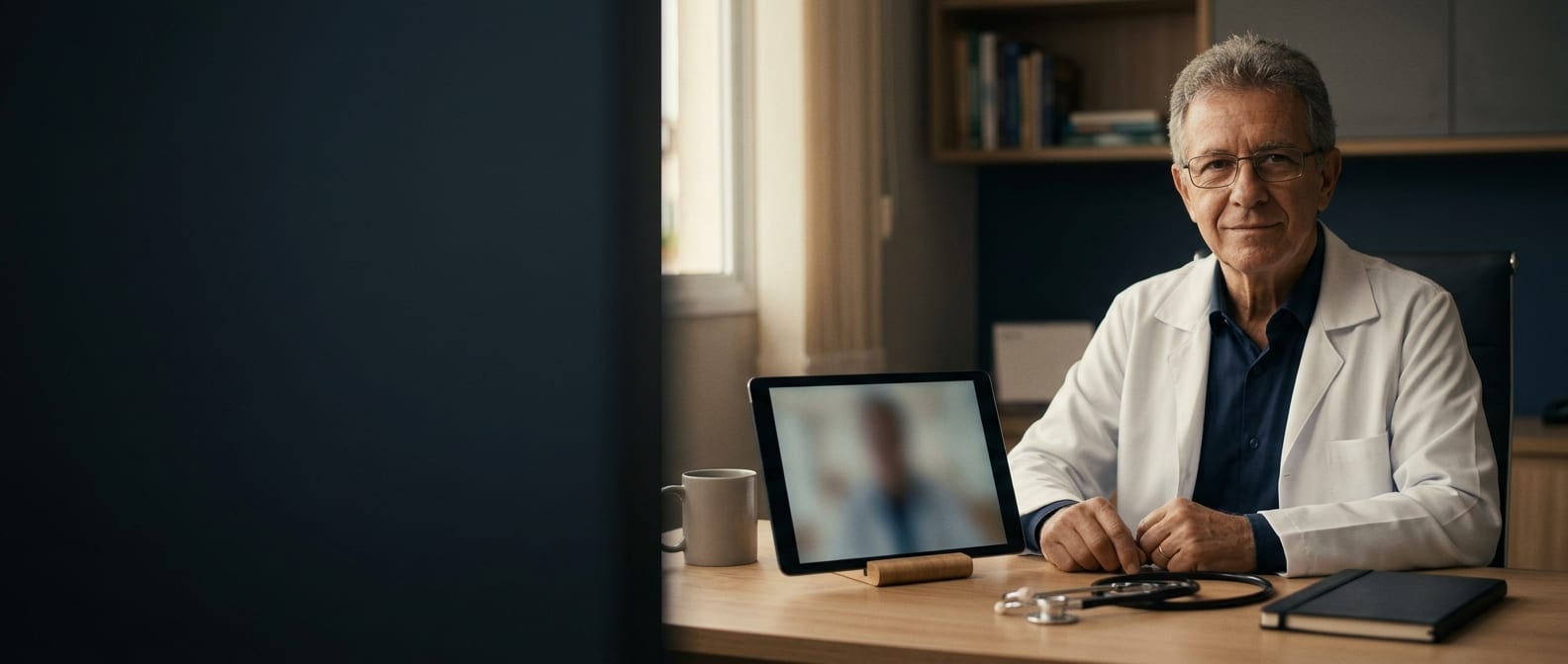 Médico na clínica com um tablet sobre a mesa, com uma teleconsulta em andamento
