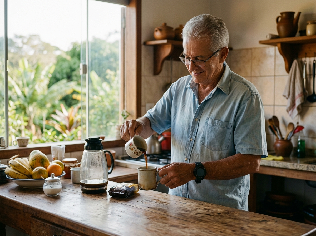 Pessoa idosa fazendo café sozinha na cozinha da própria casa, com o relógio no pulso